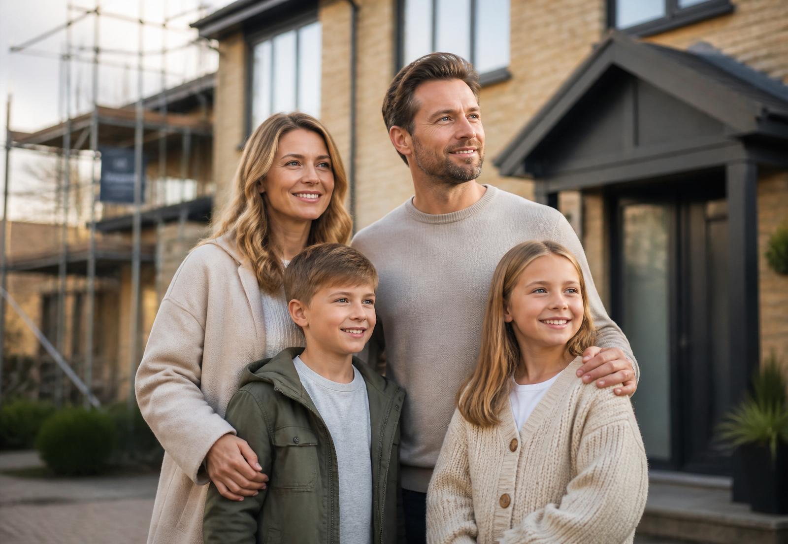 A UK family standing confidently outside their home with construction scaffolding in the background